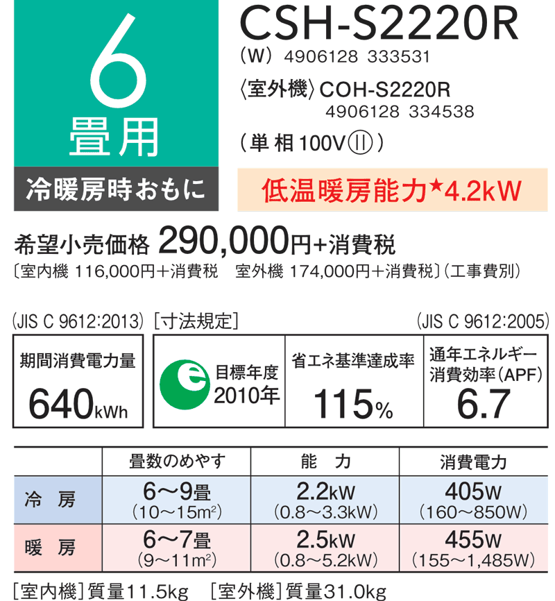 6畳用：CSH‑S2220R諸元