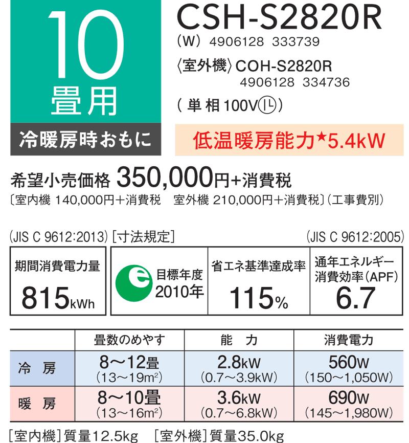 10畳用：CSH‑S2820R諸元