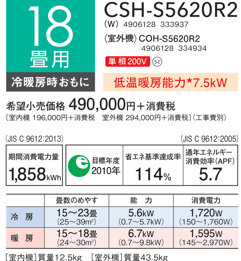 18畳用：CSH‑S5620R2諸元