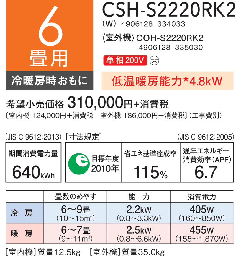 6畳用：CSH‑S2220RK2諸元