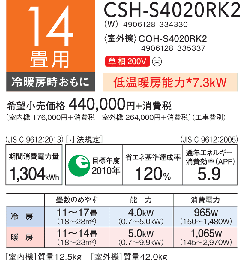 14畳用：CSH‑S4020RK2諸元