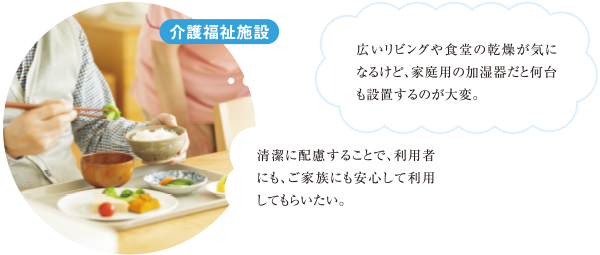 広いリビングや食堂の乾燥が気になるけど、家庭用の加湿器だと何台も設置するのが大変。