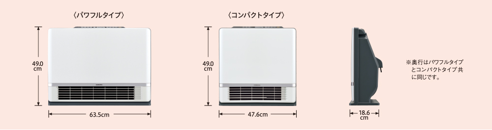 奥行はパワフルタイプとコンパクトタイプ共に同じです。