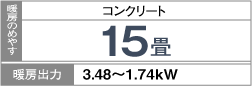 暖房のめやす：コンクリート15畳・暖房出力：3.48～1.74kW