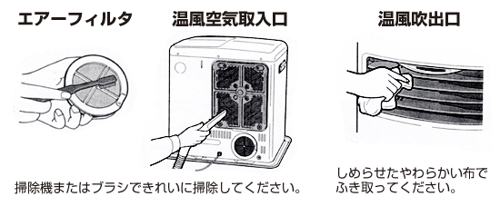 エアフィルター・温風空気取入口・温風吹出口の掃除方法