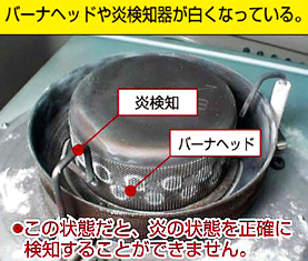 バーナヘッドや炎検知器が白くなっている